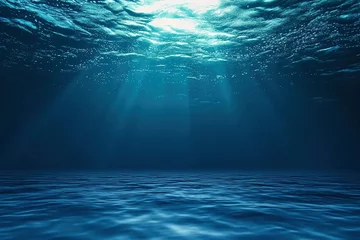 Muurstickers Abyssal Depths: View of Dark Blue Ocean Surface from Underwater © Martin