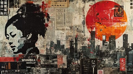 Generative AI, vintage grunge black and white collage poster with asian cityscape. Different textures and shapes	