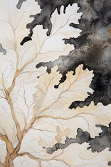 Autumn oak leaves vertical artwork in watercolor style. Neutral wall art, botanical printable poster, nature background in beige and black colors