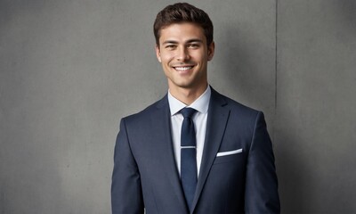 Happy young business man posing isolated over grey wall background