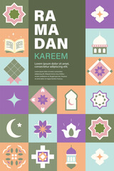 Ramadan Kareem. Islamic greeting card, poster template in flat geometric style. Eid Mubarak.	