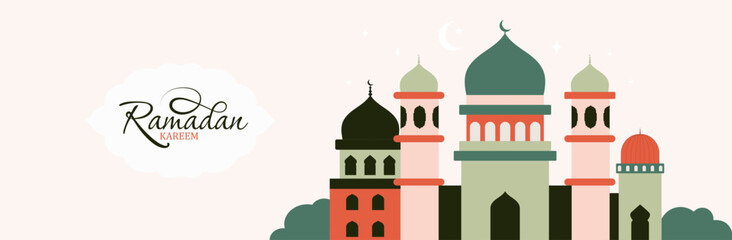 Ramadan Kareem. Islamic greeting card, poster template in flat style. Eid Mubarak.	