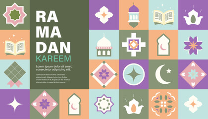 Fototapeta na wymiar Ramadan Kareem. Islamic greeting card, poster template in flat geometric style. Eid Mubarak. 