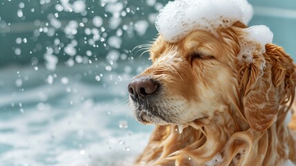 Cheerful dog getting a shampoo bath in grooming salon   funny and adorable portrait - obrazy, fototapety, plakaty