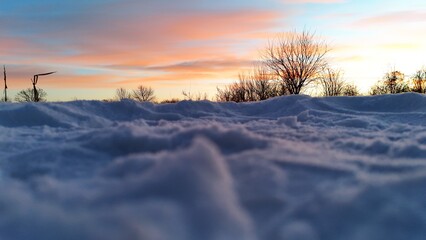 Zdjęcie zrobione z powierzchni śniegu, w tle widoczne krzewy i kolorowe chmury na niebie. - obrazy, fototapety, plakaty