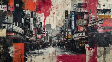 Generative AI, vintage grunge black and white collage poster with asian cityscape. Different textures and shapes	 - obrazy, fototapety, plakaty