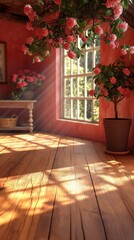 Warm sunlit room with hanging roses and rustic wooden floor