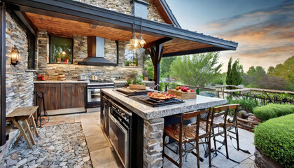 outdoor kitchen with a built-in grill, stone countertops, and a dining area - Powered by Adobe