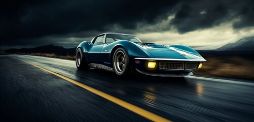 A super-sport car in cerulean blue, cruising under a dark, overcast sky,