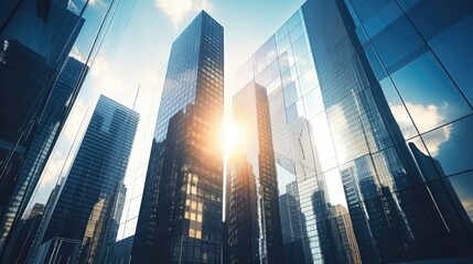 Business office buildings. skyscrapers in city, sunny day. Business wallpaper with modern high-rises with mirrored windows - obrazy, fototapety, plakaty