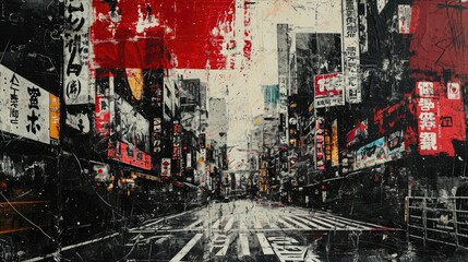 Generative AI, vintage grunge black and white collage poster with asian cityscape. Different textures and shapes	
