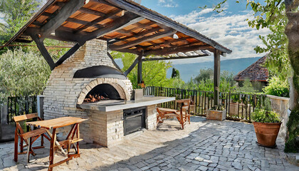 outdoor kitchen with a pizza oven, bar seating, and a pergola for shade