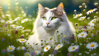 Biały kot rasy Norwegian Forest, letnia łąka - obrazy, fototapety, plakaty