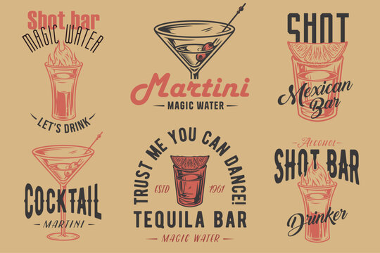 Tequila shot and martini vector set with lime and fire for alcohol cocktail bar or drink party. Vintage and retro emblem design collection for barman or bartender