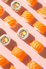 Pattern with sushi on pink background.