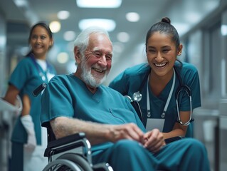 Obraz premium Joyful Moments in Care: A Compassionate Nurse and Elderly Patient Share a Smile in a Hospital Setting