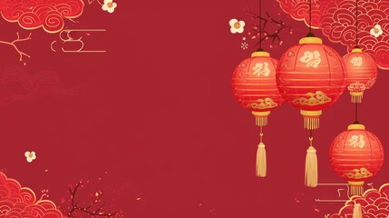 Chinese new year background with paper lanterns and cherry blossom.