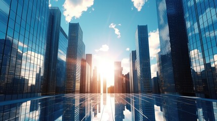 Business office buildings. skyscrapers in city, sunny day. Business wallpaper with modern high-rises with mirrored windows