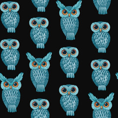 Isolated seamless pattern composed of watercolor drawings of emerald owls with yellow eyes on a black background