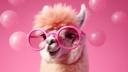 The fluffy alpaca in big pink glasses close up a fullface on a pink background among spheres from chewing gum. - obrazy, fototapety, plakaty