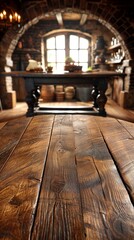Rustic wooden table in a traditional tavern interior with warm ambient lighting