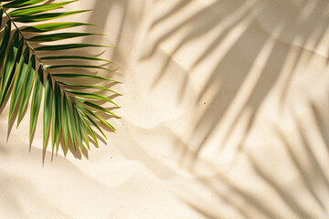 Top view of green tropical leaf shadow on sand color background. Flat lay. Minimal summer concept with palm tree leaf. Creative copyspace.