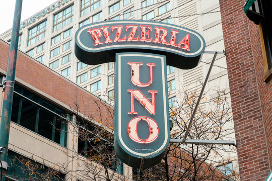 Chicago, IL, USA - November 8, 2023: Pizzeria Uno is a Chicago-style pizza chain known for their deep dish pizza. This is the original location opened in 1943.