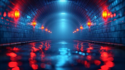 Futuristic blue tunnel with red lighting and reflective floor - obrazy, fototapety, plakaty