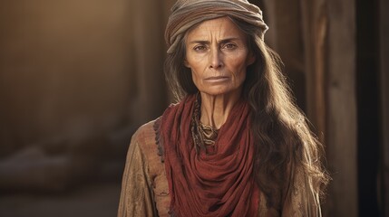 Naklejka premium Photorealistic Old Persian Woman with Brown Straight Hair retro Illustration. Portrait of a person in western movie vintage style. Cowboy spirit Ai Generated Horizontal Illustration.