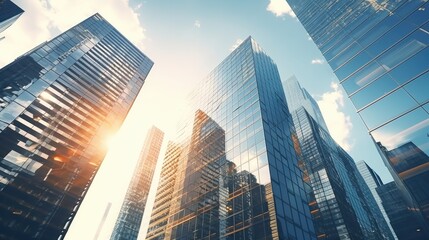 Business office buildings. skyscrapers in city, sunny day. Business wallpaper with modern high-rises with mirrored windows - obrazy, fototapety, plakaty