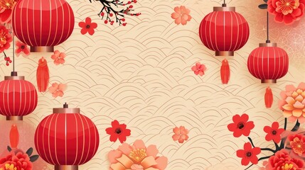 Chinese New Year background with paper lanterns and flowers