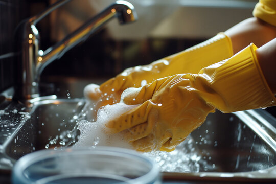 Hands in yellow gloves wash dishes in foam at production. Concept of office cleaning, job search in production, cleaning services. Lifestyle. Design for banner, news and articles