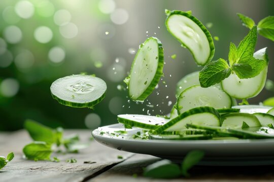 Fresh and juicy cucumber sliced into a plate. Levitation