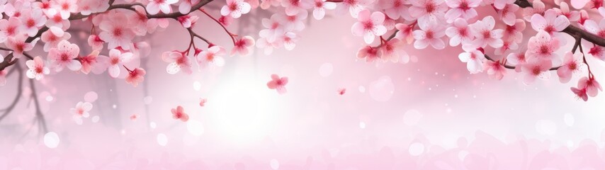 Pink background adorned with blooming sakura branches for a romantic Valentine's Day. - obrazy, fototapety, plakaty