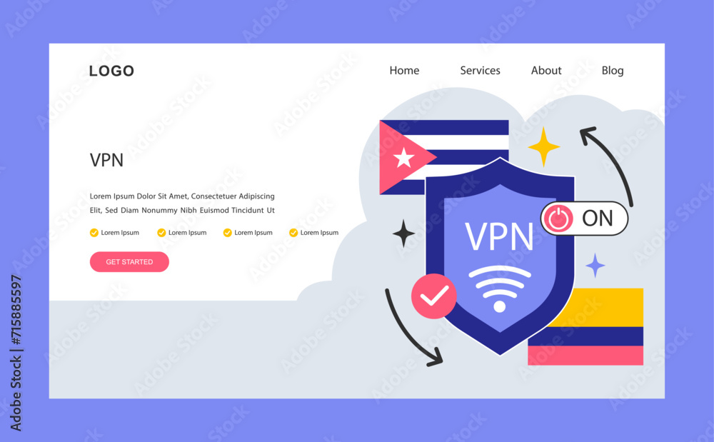 Poster vpn service web banner or landing page. virtual pivate network access. secure internet connection an