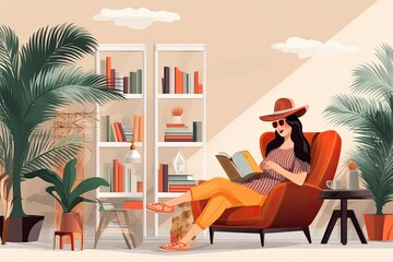 art illustration, girl with books inside the house,