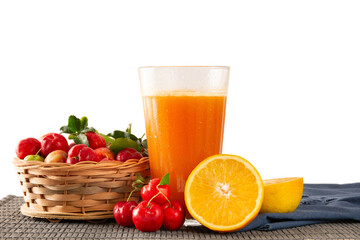 Fresh acerola juice in a glass cup in a bamboo place mat isolated png front view