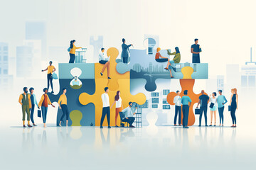 Vibrant scene of employees working together and each person contributing a unique piece to a shared success puzzle, diversity of roles and talents within the office team, Collaborative Success concept - obrazy, fototapety, plakaty