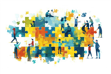 Vibrant scene of employees working together and each person contributing a unique piece to a shared success puzzle, diversity of roles and talents within the office team, Collaborative Success concept