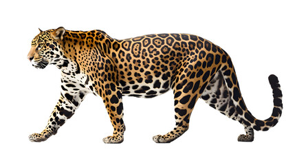 Majestic Leopard Strides Across Pure White Background