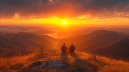 Two friends enjoying a majestic sunset over mountain landscape