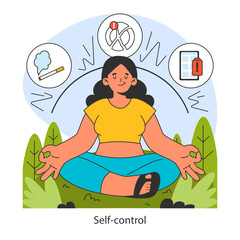 Dopamine fasting concept. Harnessing self-control amidst various temptations. Inner peace through discipline. Flat vector illustration.