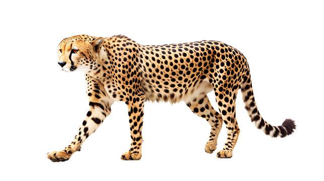 Cheetah Walking Across White Background, Captivating Wildlife Image