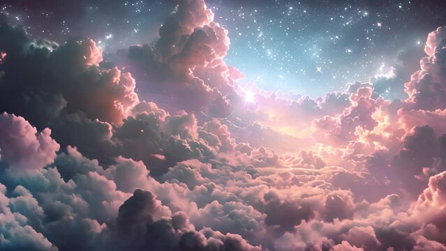 Ethereal background of formations of pink clouds and twinkling stars with copyspace, colored beautiful landscape Magical fantasy sky with sunlight