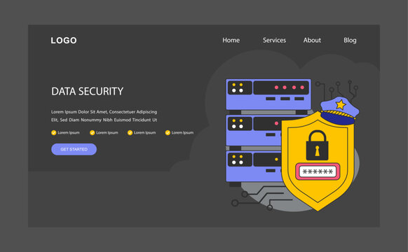 Data security dark or night web or landing. Shielded servers and encrypted access points. Secure data management with robust cybersecurity measures in place. Flat vector illustration.