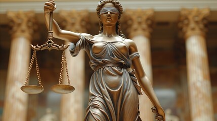 Bronze statue of lady justice with scales in front of pillars