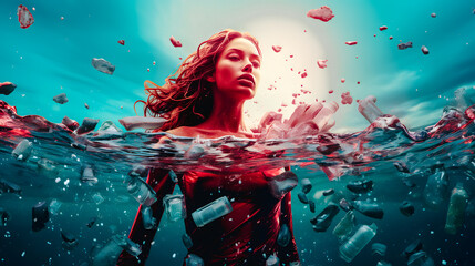 Jeune femme se baignant dans une mer polluée avec des bouteilles de plastique - obrazy, fototapety, plakaty