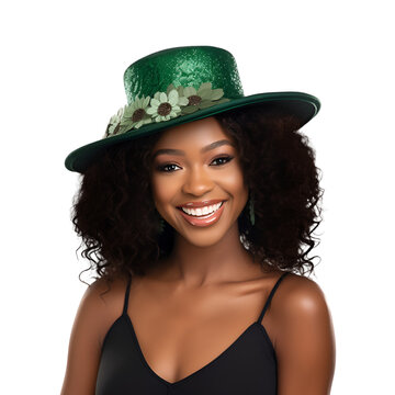 St Patrick’s Day Hat on a Beautiful Black Woman Smiling Portrait, Isolated on Transparent Background, PNG