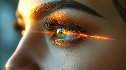 Close up of female eye with laser beam projection. Eyesight vision correction concept - obrazy, fototapety, plakaty