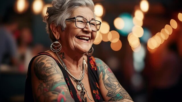 Animated photo shows 60 year old tattooed Caucasian woman sitting in a club.  She is laughing and having a lot of fun. lub atmosphere and silhouettes of other guests are blurred in the background.
